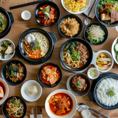 lifestyle photo Korean foods served on a dining table. Perfect for photo illustration, article, or any cooking contents.