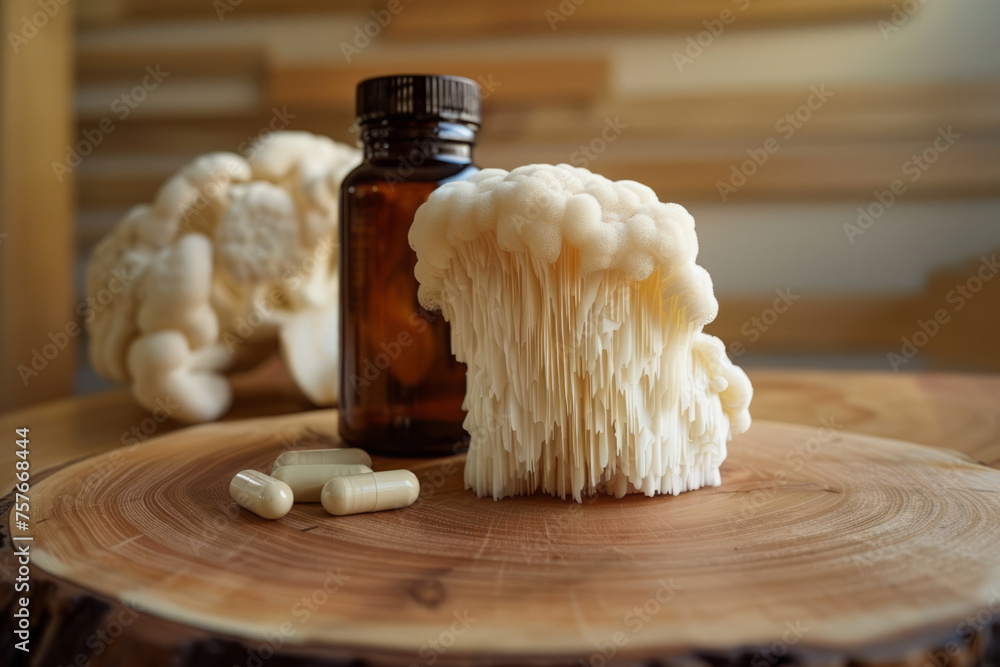 Wall mural overhead flat lay view of lions mane mushroom with vitamin supplement tablets - Wall murals