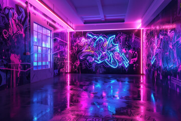 Modern neon-lit art gallery interior with vibrant graffiti and reflections on the glossy floor, contemporary urban culture