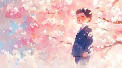 満開の桜の木と笑顔の小学校入学の男の子の水彩イラスト