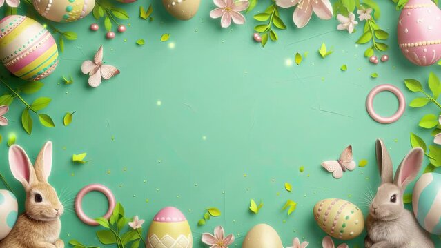 easter card with bunny and eggs, green color 4K
