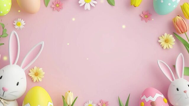 easter background with bunny and eggs, pink pastel colors 4K 