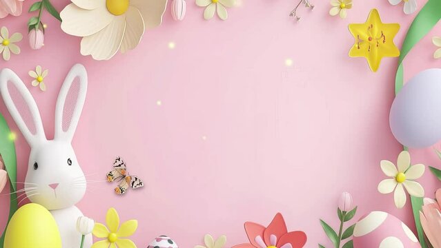 easter background with bunny and eggs, pink pastel colors 4K 