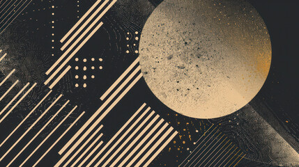 Geometric abstract background. Vintage banner design. Various shapes such as lines, circles, dots that look hand-drawn on black background.