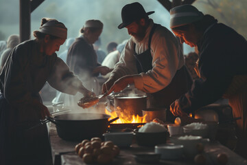 Community Feast: Preparing Traditional Meals over Open Fire at Dusk