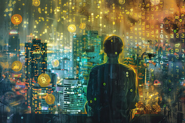 Visionary Gaze Over Digital Cityscape Surrounded by Cryptocurrency Symbols