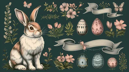 Vector set of easter ornaments and decorative elements, vintage banner, ribbon, labels, frames, badge, stickers. Vector easter element with retro vintage styled design. Vintage easter bunny set © Fokke Baarssen