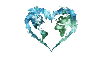 Artistic representation of the world in a heart shape with green and blue hues, on transparent background .