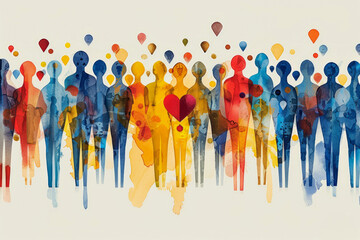 Abstract watercolor figures with hearts, showcasing the diversity of global health.