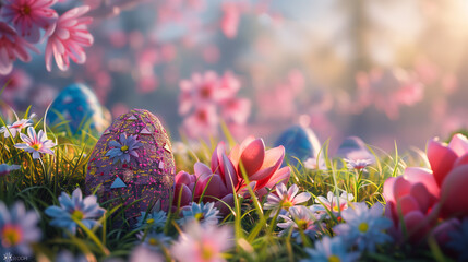 spring flowers in spring with easter eggs, Easter Background