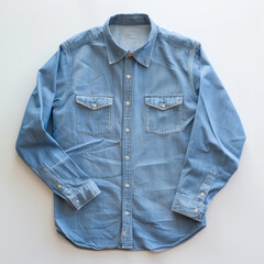 Classic Denim Shirt Laid Flat on a White Background Showcasing Its Design and Texture