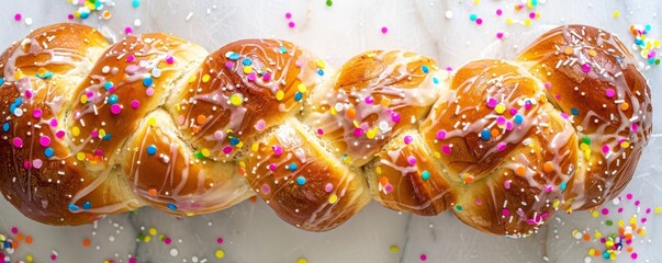 Fototapeta na wymiar The Art of Easter Baking: Crafting a Symbolic Cross-Shaped Bread Adorned with Vibrant Sprinkles and a Lustrous Glaze