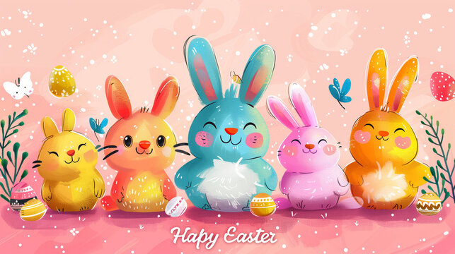 set of cute Happy Easter cartoon characters and design elements. Bunnies, Easter eggs, flowers, hearts. Spring illustration. Funny fashion rabbit, text happy easter