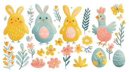 Easter Bunny background, set of Easter Bunny rabbit with colorful Easter eggs vector illustration, funny abstract background, Happy Easter. Set of little cute rabbits., basket, bunny, chicken - obrazy, fototapety, plakaty