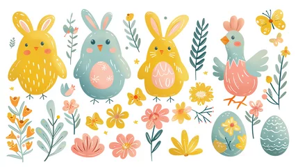 Fotobehang Easter Bunny background, set of Easter Bunny rabbit with colorful Easter eggs vector illustration, funny abstract background, Happy Easter. Set of little cute rabbits., basket, bunny, chicken © Fokke Baarssen