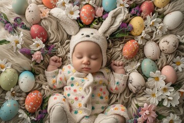 Fototapeta na wymiar Easter Joy Unfolded: Little One Dressed as a Bunny Surrounded by a Rainbow of Eggs and Fresh Spring Florals