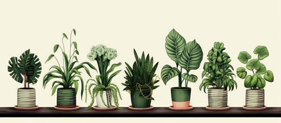 A collection of various houseplants in flowerpots displayed on a shelf against a white background, creating a beautiful indoor landscape with a touch of nature
