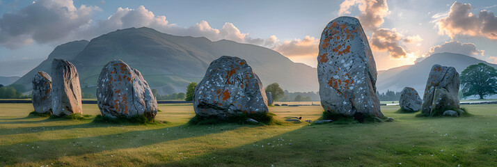 The Neolithic Castlerigg Stone Circle dating fro,
ancient megalithic stone ship monument in Southern Sweden photographed at sunset - obrazy, fototapety, plakaty