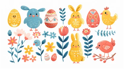 Fotobehang Easter Bunny background, set of Easter Bunny rabbit with colorful Easter eggs vector illustration, funny abstract background, Happy Easter. Set of little cute rabbits., basket, bunny, chicken, eggs.   © Fokke Baarssen