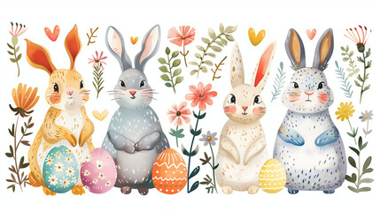 Easter Bunny background, set of Easter Bunny rabbit with colorful Easter eggs vector illustration