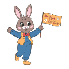 Cute bunny in a blue suit and yellow vest waves a flag. Happy Easter characters. Vector illustration isolated on transparent background.