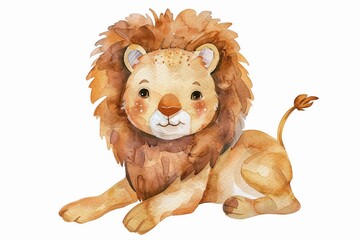 A Lion cute hand draw watercolor white background. Cute animal vocabulary for kindergarten children...