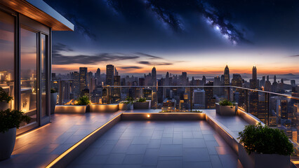 Night view of villa rooftop courtyard, looking at the city skyline, tables and sofas for casual...