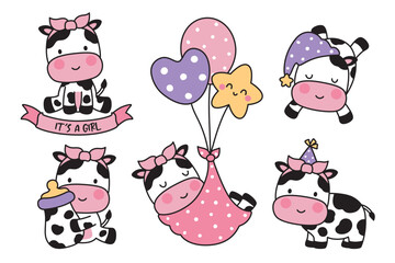 Baby Girl Shower hand-drawn vector illustration of cute baby boy cow with balloons and milk bottle.