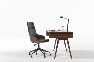 Fototapeta premium 3D Render of a functional desk with a comfortable chair, perfect for a home office or study area, on isolated white background, Generative AI