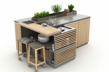 3D Render of a functional kitchen island with seating, providing extra workspace and dining space, on isolated white background, Generative AI