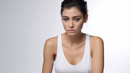 Contemplative Beauty: Woman in White with a Pensive Expression

