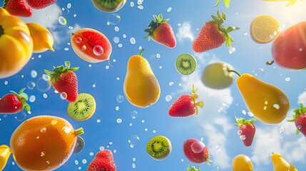 Fototapeta na wymiar A whimsical scene of fruits floating like balloons in a bright clear sky