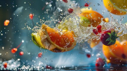 A dynamic shot of a fruit being sliced mid-air with juice droplets captured in freeze motion