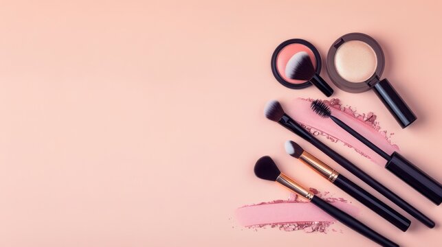 Banner-ready fashion and beauty blog format with top-view makeup products on peach background, plenty of copy space
