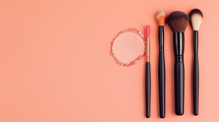 Banner-ready fashion and beauty blog format with top-view makeup products on peach background, plenty of copy space