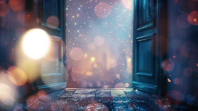 open doors. abstract bokeh light.  night view magical scene. seamless looping overlay 4k virtual video animation background