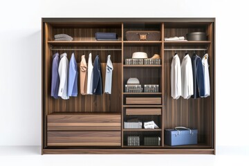 3D Render of a spacious wardrobe with sliding doors, providing ample storage for clothing and accessories, on isolated white background, Generative AI