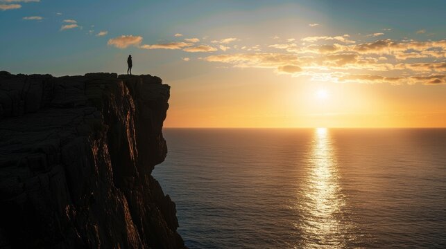 Tranquil Sunset Moment with Lone Figure on Cliff Stock Image