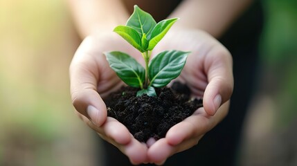 Plant in Hands. Ecology concept. Nature Background. copy space for text.