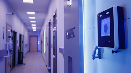 wall-mounted fingerprint or biometric authentication machine in the office, cyber security biometric verification concept, modern technology