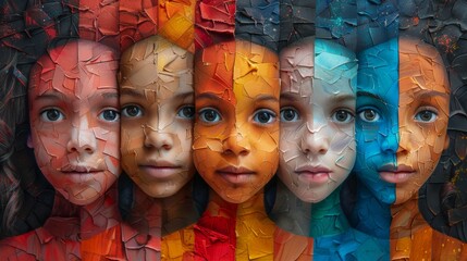 Creative collage with portraits of different people painted in different colors