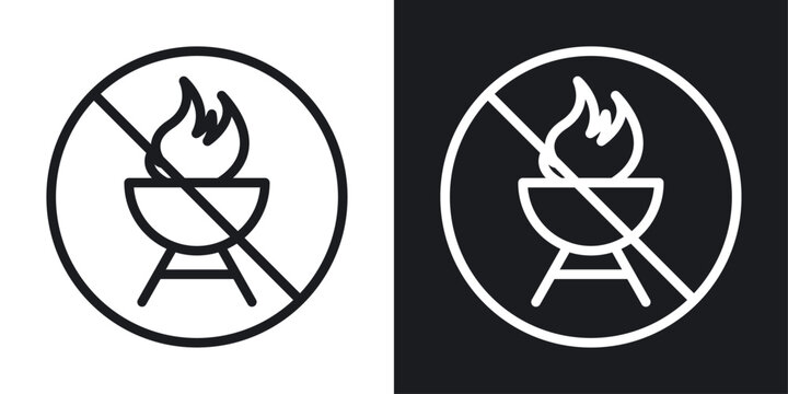 No Barbecue with Fire Sign Line Icon on White Background for web.