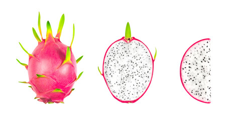 Collection Dragon fruit, pitaya isolated on white background with clipping path. Cut white fleshed pitaya fruit isolated on white background. Fresh organic dragon fruit from the garden. food concept.