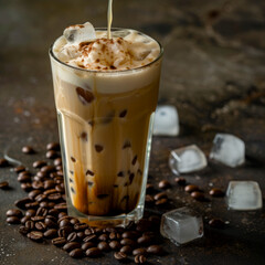 lifestyle photo Ice coffee in a tall glass with cream poured over, ice cubes and beans on a dark concrete table.