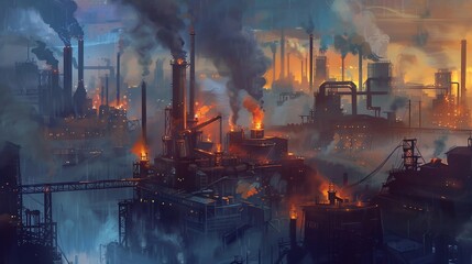 Obraz premium Depict a heavy factory with billowing smokestacks and glowing furnaces.