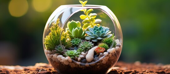 An artful arrangement of succulents and rocks in a glass bowl sits atop a table, creating a natural landscape in a circular shape - Powered by Adobe