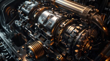 Background adorned with shiny metallic machinery and gears.
