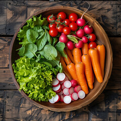 Fresh vegetables in a wooden bowl on a wooden table. Top view. Food magazine quality minimalist shot of a rounded wooden tray, filled with some lettuce, small baby carrots, cherry tomatoes, radishes.