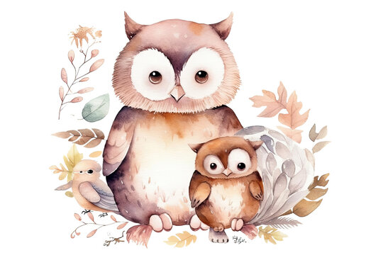 watercolour decor nursery Watercolor baby baby animals mother bear Mom funny owl young baby little illustration Forest cartoon