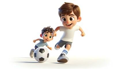young children playing soccer. They are in a dynamic and joyful pose, showing excitement and movement